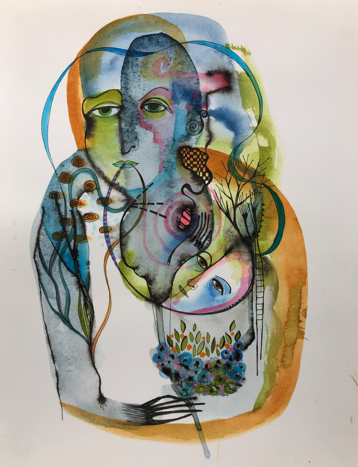 'The Two of Me', watercolor, ink, acrylic on paper, 10x8, $220 plus shipping